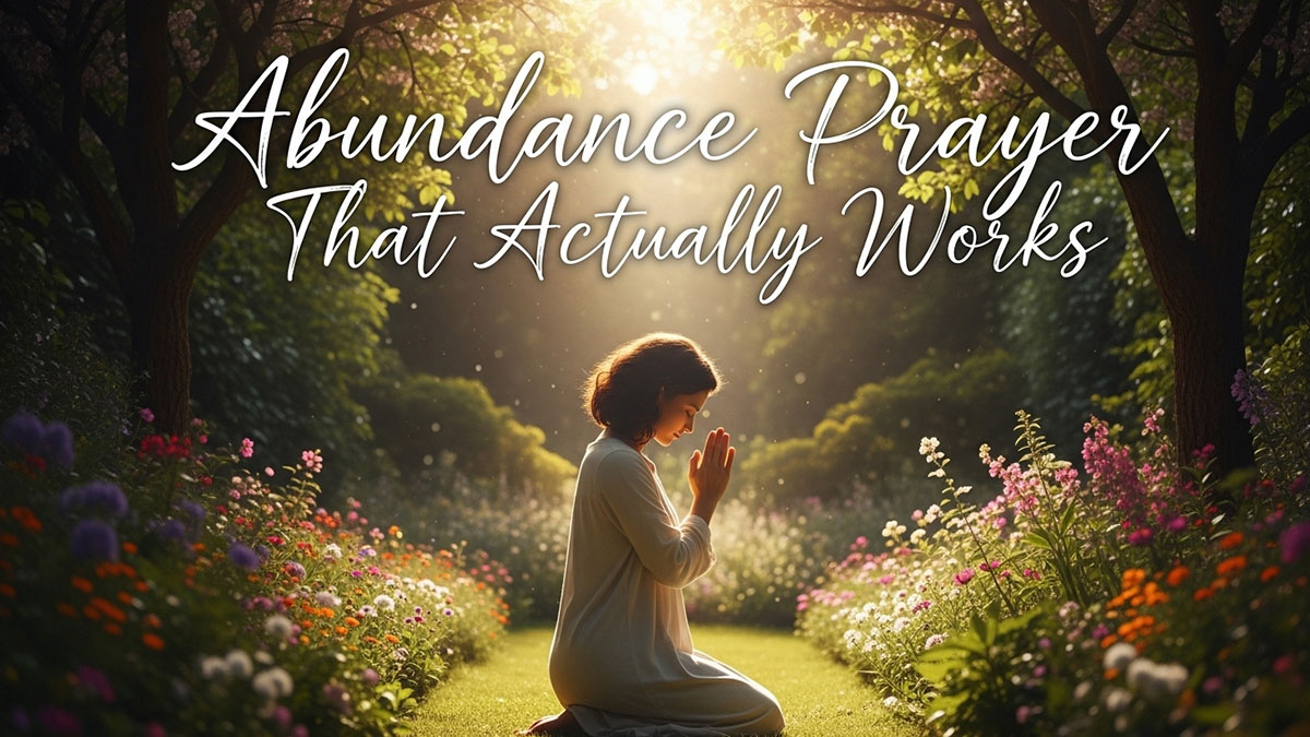Abundance prayers for blessings and prosperity with woman praying in a peaceful garden filled with flowers and sunlight