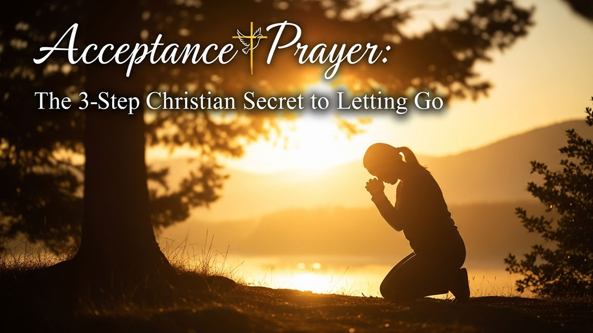 Silhouette of a woman kneeling in prayer at sunset by the lake, symbolizing Christian acceptance prayer, letting go, and trusting God
