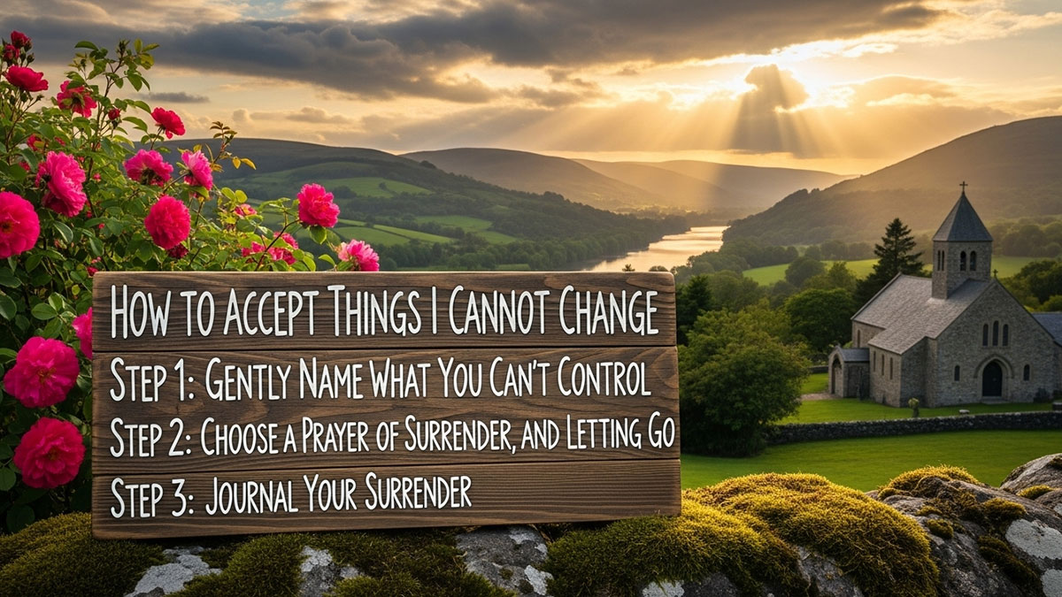 Wooden sign with steps on how to accept things you cannot change, teaching Christian acceptance prayer, surrender, and letting go with church in background at sunset