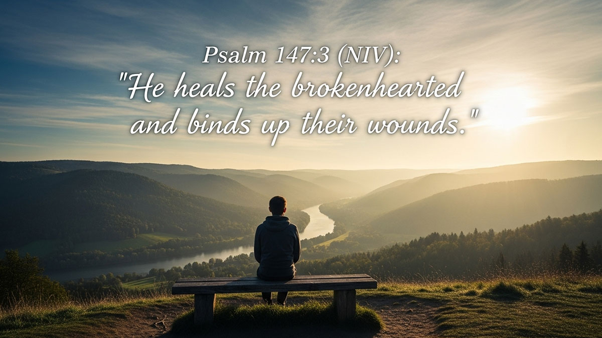 Bible verse image with Psalm 147:3 “He heals the brokenhearted and binds up their wounds,” offering comfort for those hurt by a church community - fellowship and spiritual healing theme