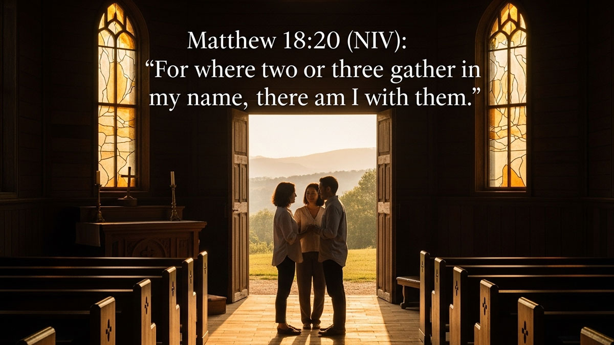 Bible verse image with Matthew 18:20 NIV: “For where two or three gather in my name, there am I with them,” highlighting God’s promise in Christian fellowship and community gatherings