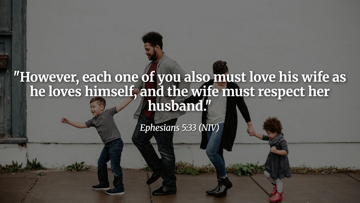Bible verse from Ephesians 5:33 highlighting mutual love and respect in marriage, with a husband called to love his wife and the wife to respect her husband