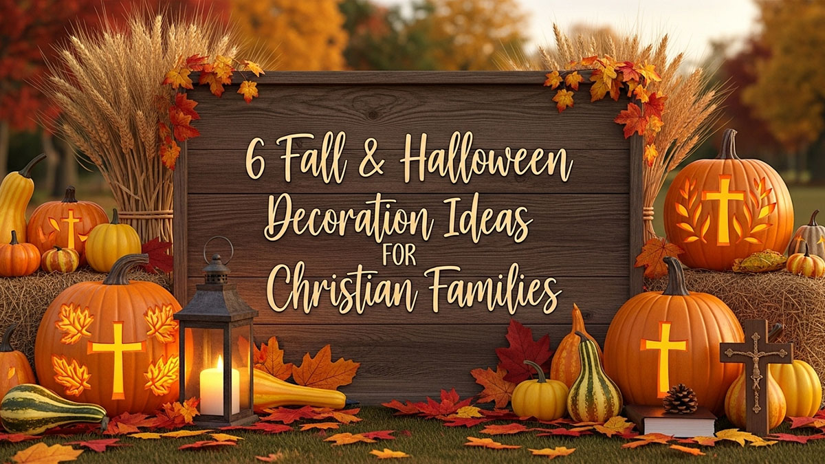 Christian Fall Halloween decoration ideas featuring pumpkins carved with crosses, autumn leaves, gourds, and a lantern for family-friendly seasonal decor