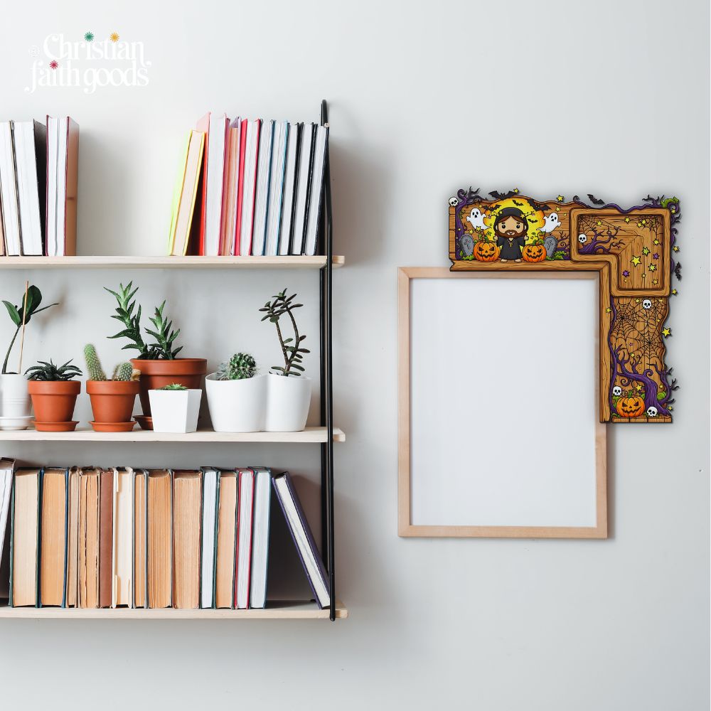 christian-halloween-corner-sign-haunted-forest-jesus-decoration-above-bookshelf Christian haunted forest Halloween corner sign with Jesus decoration placed above bookshelf in cozy home interior