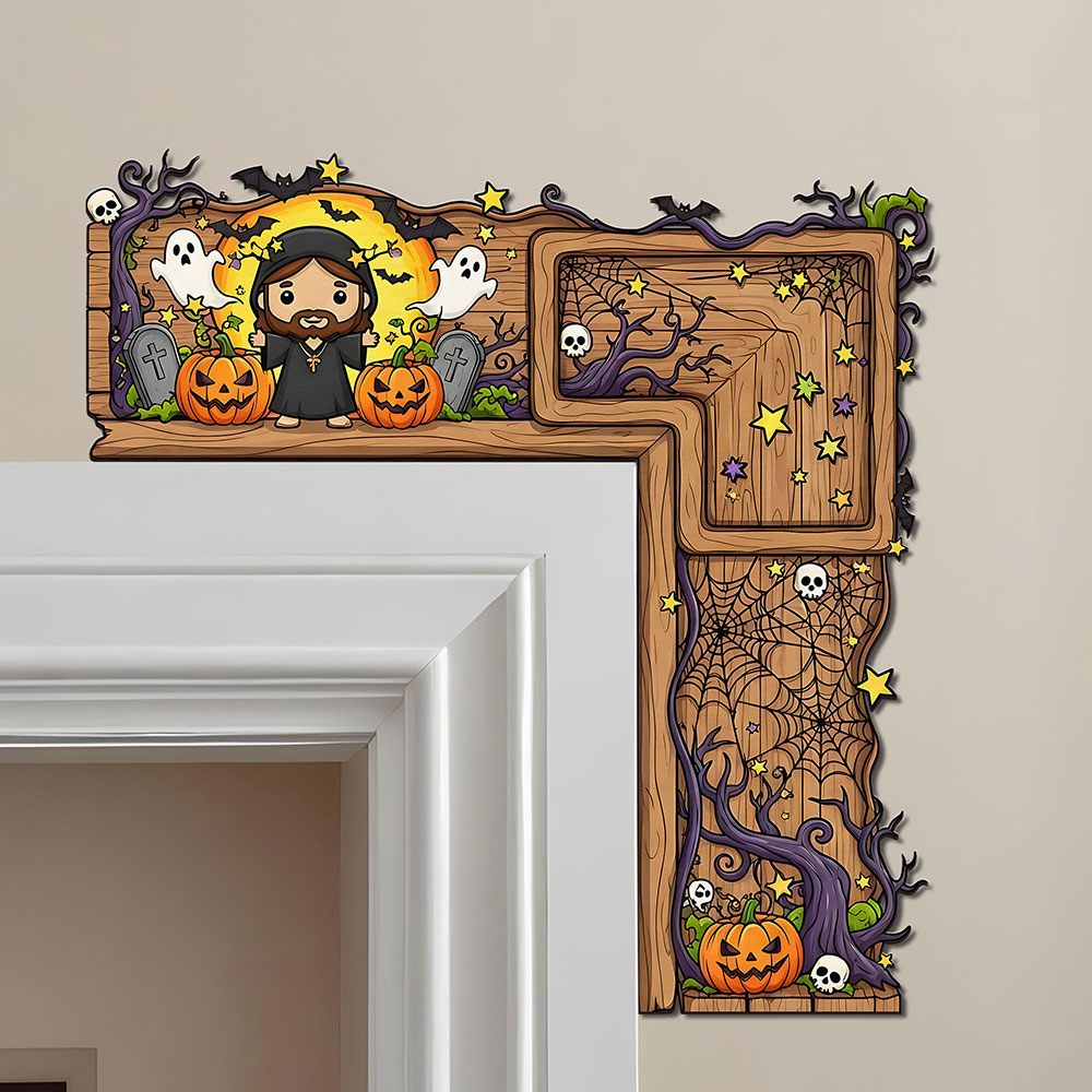 Christian Halloween corner sign featuring Jesus in haunted forest design placed on door frame for festive home decoration