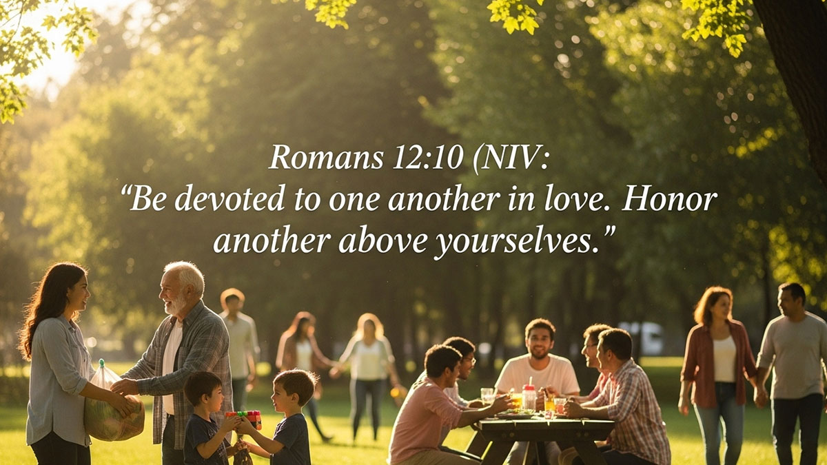 Encouraging Bible verse image with Romans 12:10 NIV: “Be devoted to one another in love. Honor one another above yourselves,” reflecting Christian fellowship, love, and mutual respect