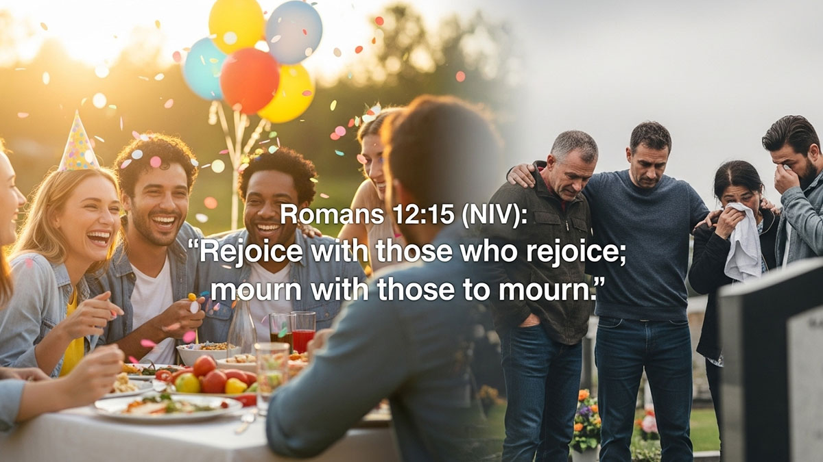Encouraging Bible verse image featuring Romans 12:15 NIV: “Rejoice with those who rejoice; mourn with those who mourn,” expressing the heart of Christian fellowship and emotional support