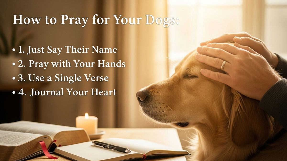 Man gently placing hands on golden retriever’s head in prayer with Bible, candle, and journal on table, symbolizing dog prayers for healing a sick dog and comfort for a dog in heaven