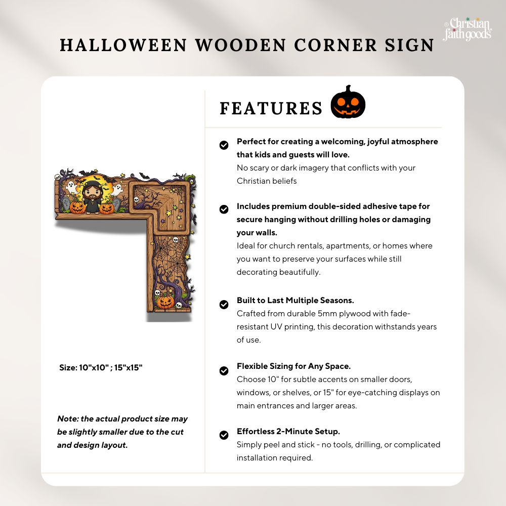 Product feature sheet and size guide for Christian Halloween corner sign with Jesus haunted forest design