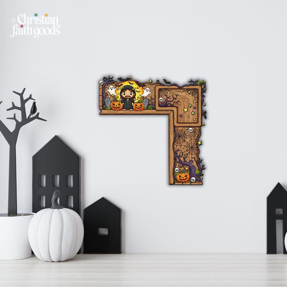 Christian Halloween corner sign with haunted forest and Jesus design in modern minimalist Halloween room setup