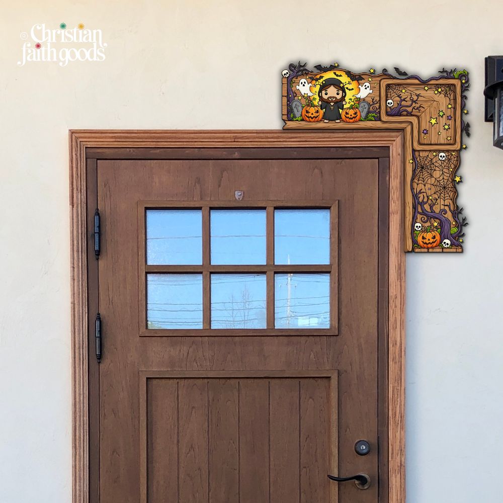 jesus-halloween-decoration-corner-sign-on-wooden-door-christian-haunted-forest-design Christian Halloween corner sign with Jesus in haunted forest theme displayed on front wooden door for seasonal décor