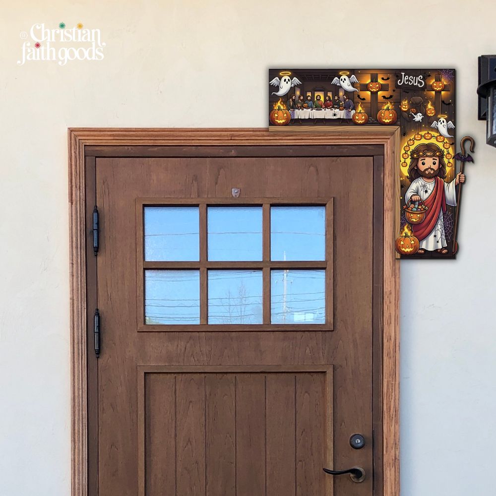 Christian Halloween wooden corner sign with Holy Supper design featuring Jesus placed above front wooden door