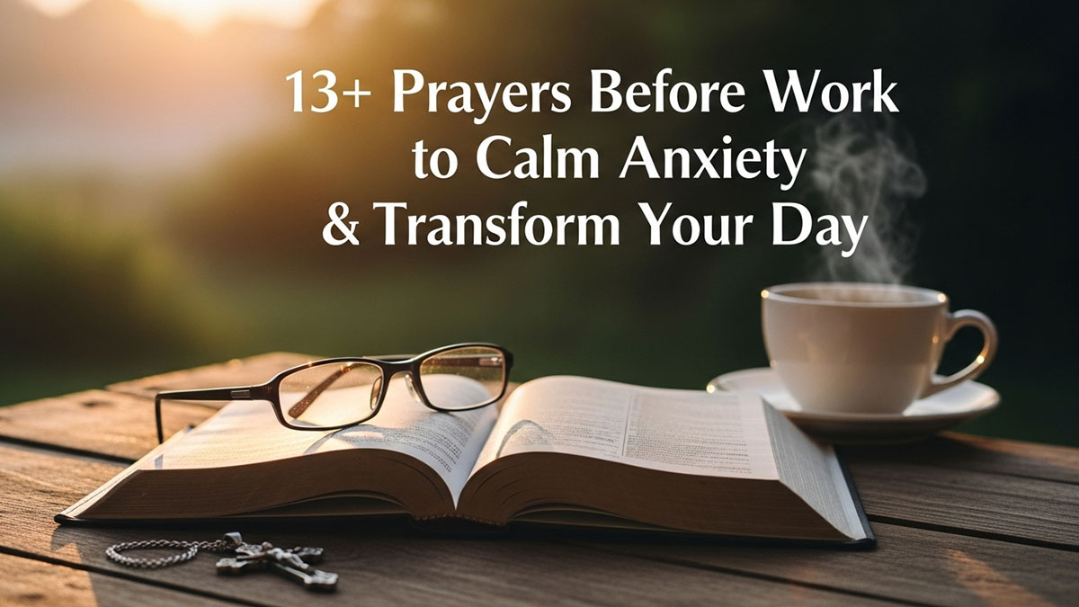 Open Bible with glasses, rosary, and coffee cup on wooden table at sunrise, symbolizing morning prayer before work to calm anxiety and start the day with peace