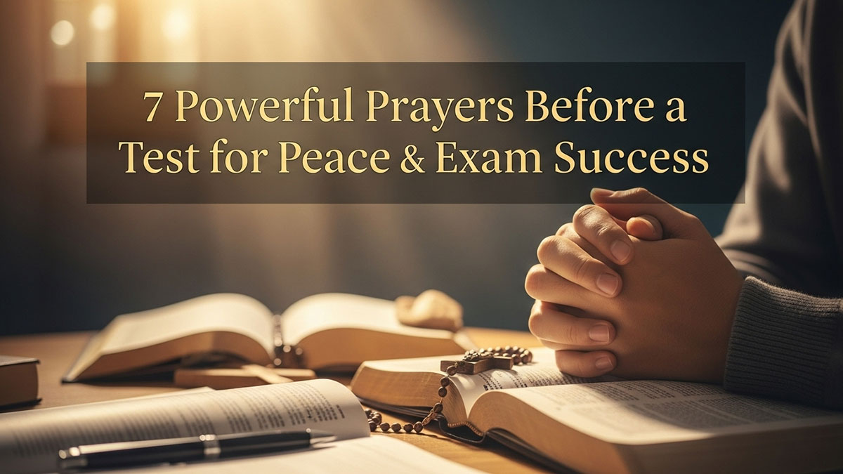 Student praying with folded hands over an open Bible and study materials, seeking peace and confidence through prayers before a test for exam success