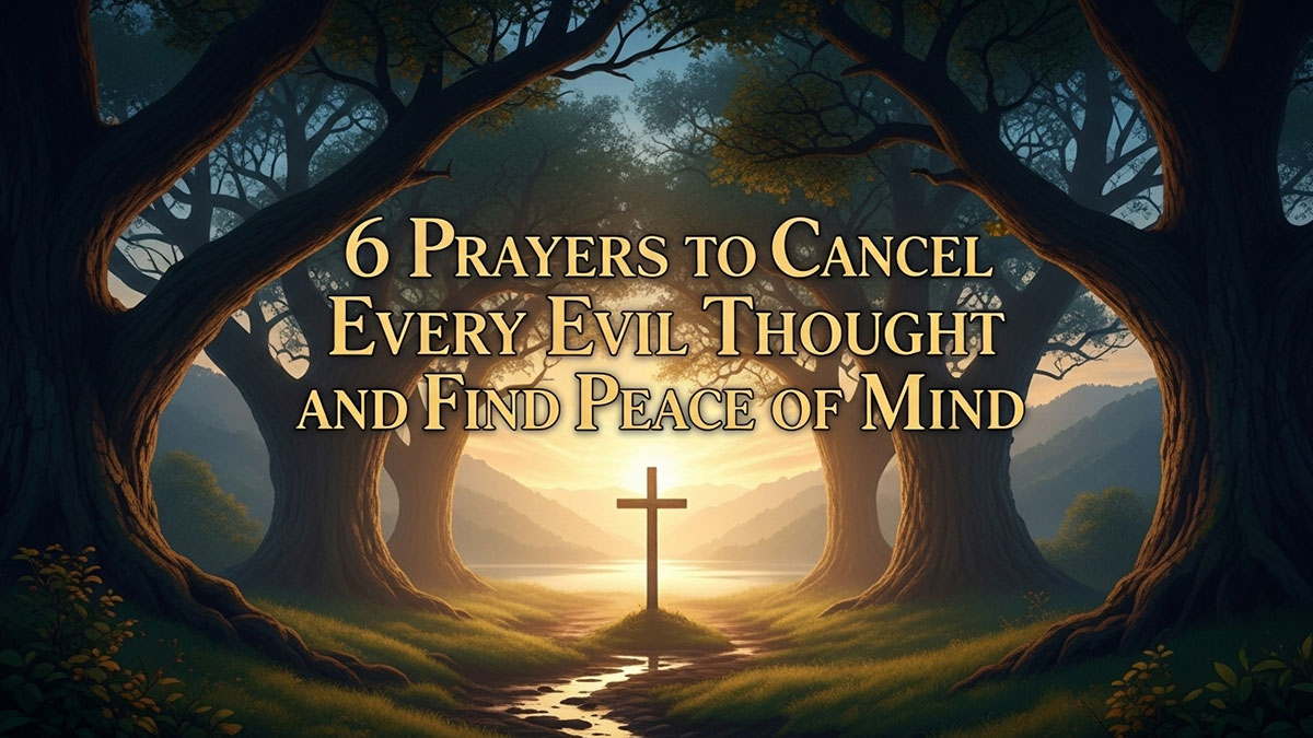Christian prayers to cancel every evil thought and find peace of mind with cross at sunrise in a serene forest setting