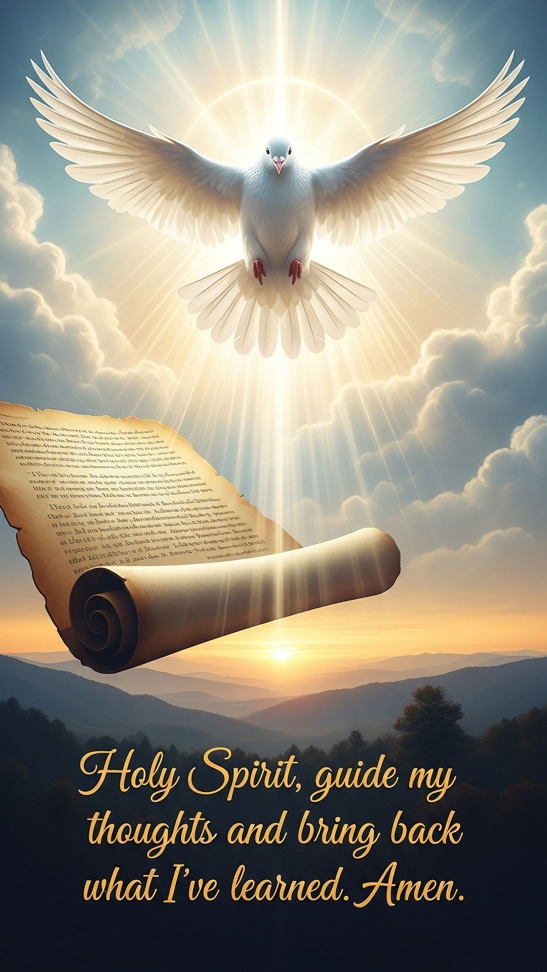 Quick prayer for exam success card for your phone with Holy Spirit dove, scripture scroll, and uplifting Christian message for focus and memory during tests