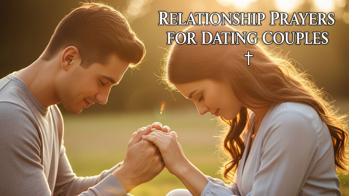 Young couple holding hands in prayer at sunset with text about relationship prayers for dating couples seeking faith and love guidance