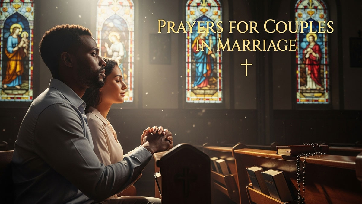 Husband and wife praying together in church pews with stained glass windows, showing relationship prayers for couples in marriage