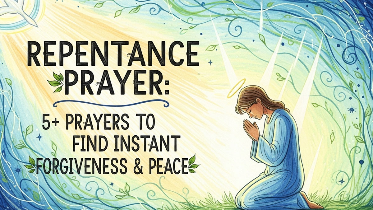 Repentance prayer for forgiveness and peace with illustration of woman kneeling in prayer under heavenly light
