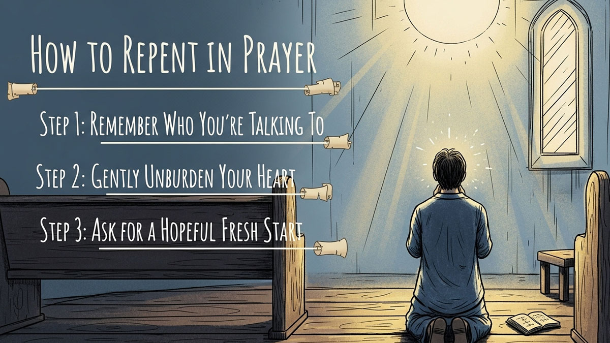 Repentance prayer guide with steps on how to repent in prayer, man kneeling in church under sunlight