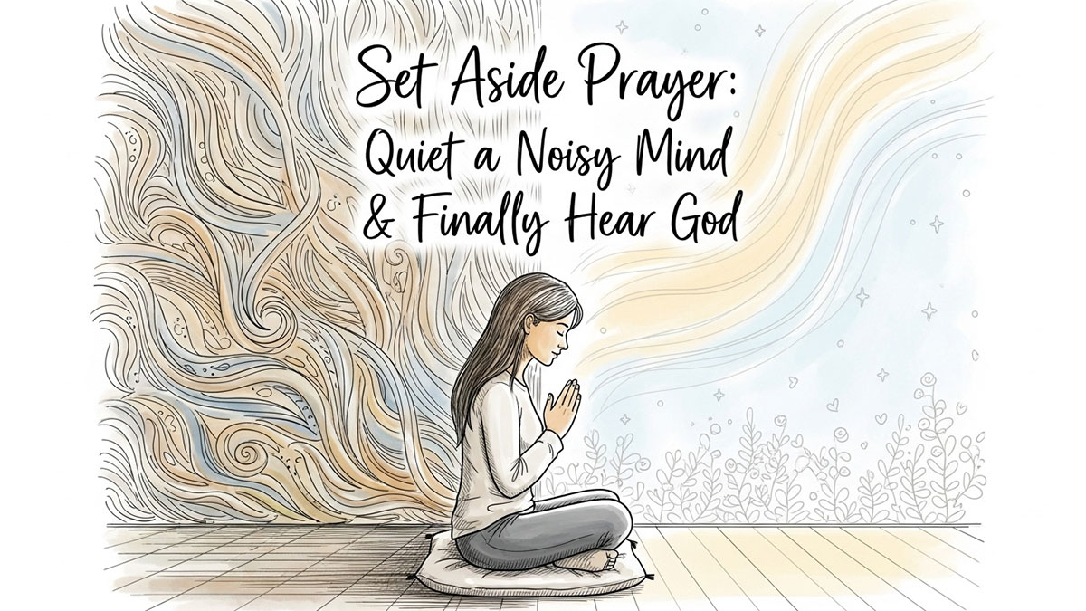 Set aside prayer illustration of woman praying quietly, finding peace and hearing God by calming a noisy mind
