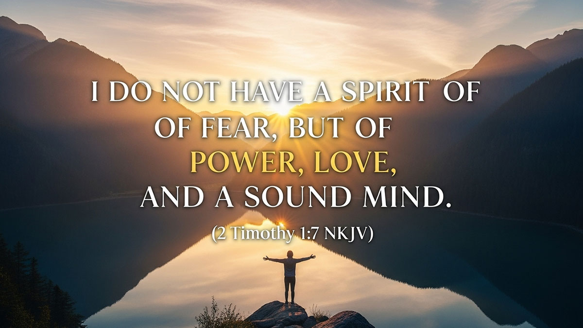 Speak Life Bible verse image with 2 Timothy 1:7 NKJV: “I do not have a spirit of fear, but of power, love, and a sound mind,” offering biblical declarations for peace in anxiety and fear