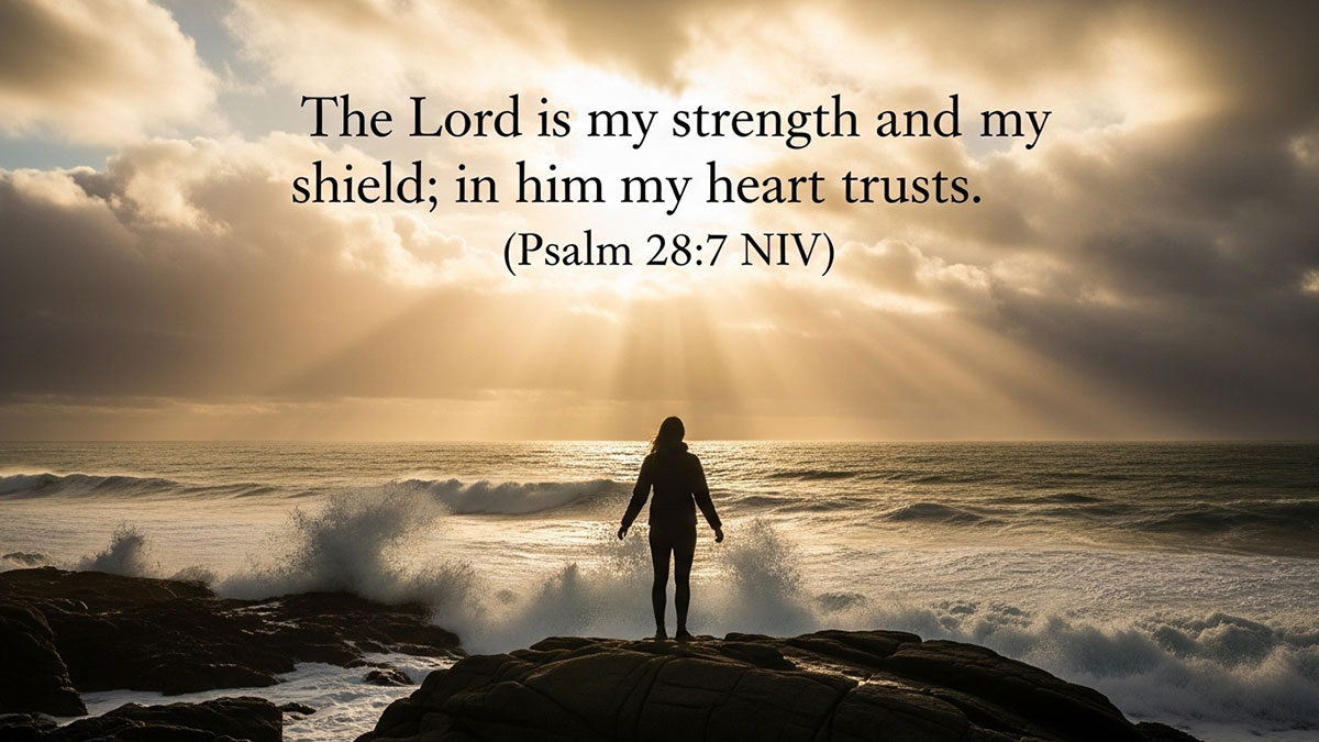 Speak Life Bible verse from Psalm 28:7 NIV: “The Lord is my strength and my shield; in him my heart trusts,” offering encouragement, strength, and comfort in trials