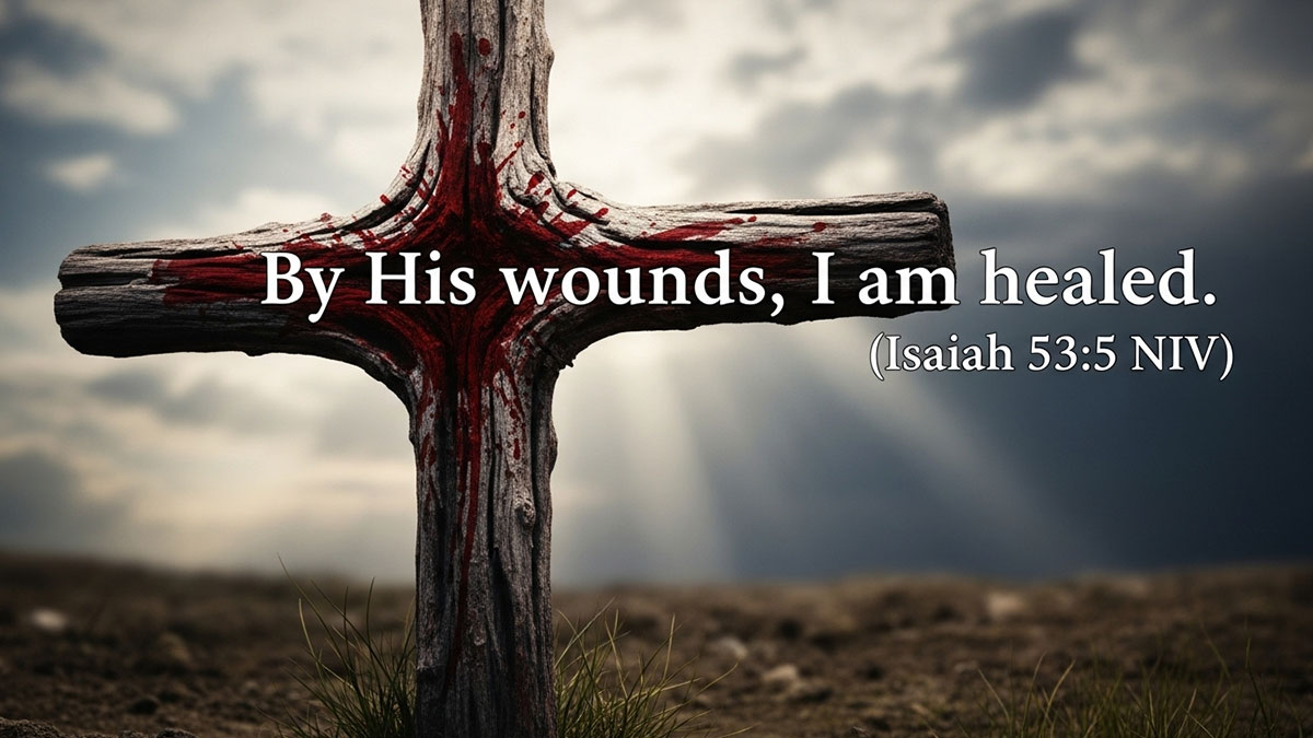 Speak Life Bible verse from Isaiah 53:5 NIV: “By His wounds, I am healed,” powerful healing scripture to declare and pray for restoration