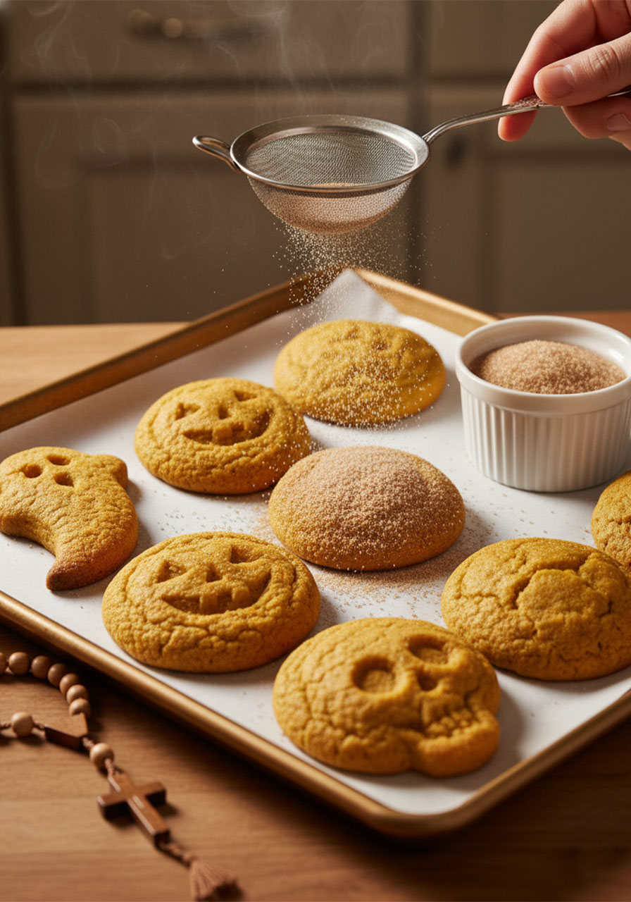 Freshly baked vegan pumpkin spice cookies on a gold baking sheet being dusted with cinnamon sugar from a small ramekin