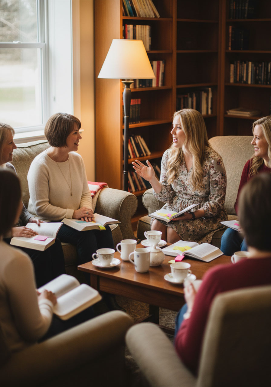 Women in a Bible book club discussion at a church ladies ministry gathering