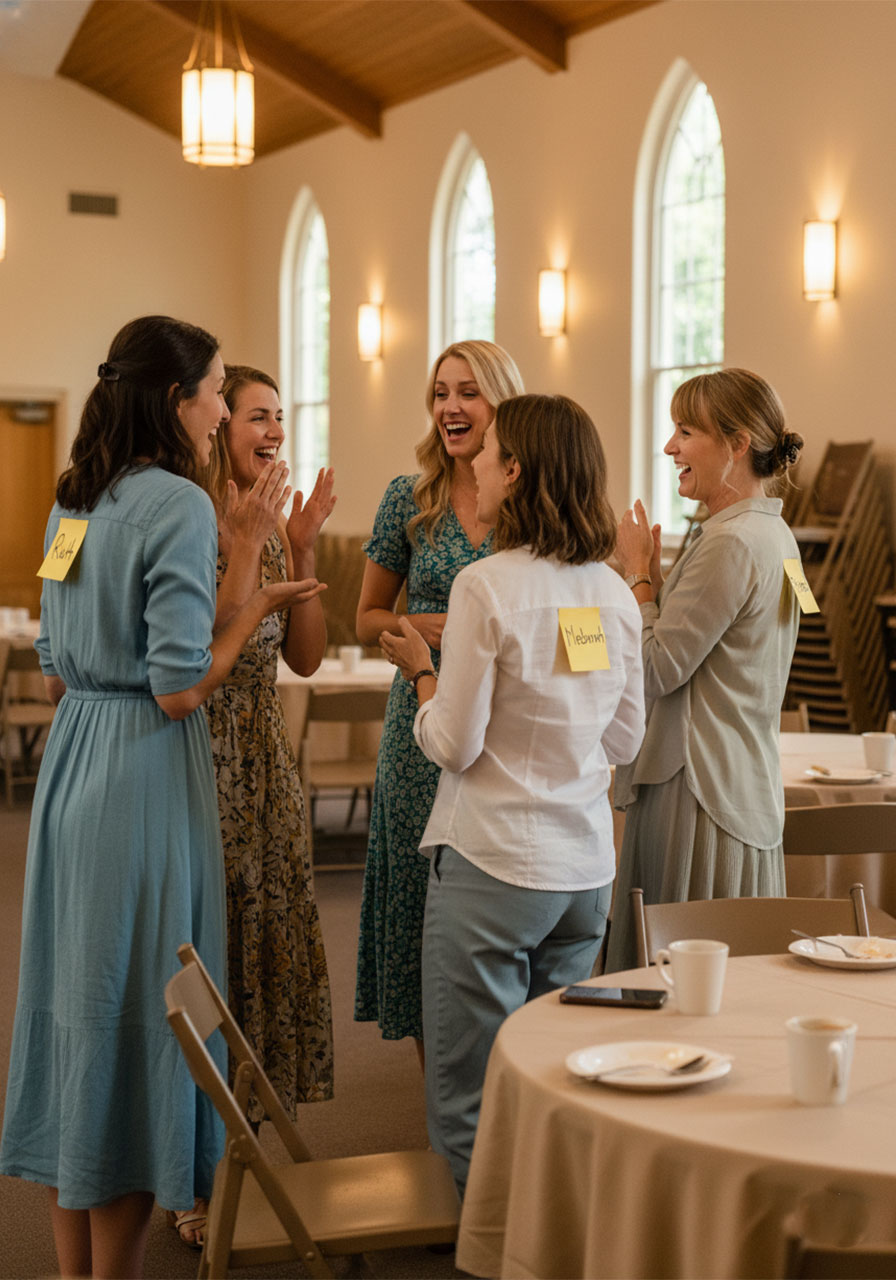 Women playing Bible Character Guess Who icebreaker game at a church ladies night