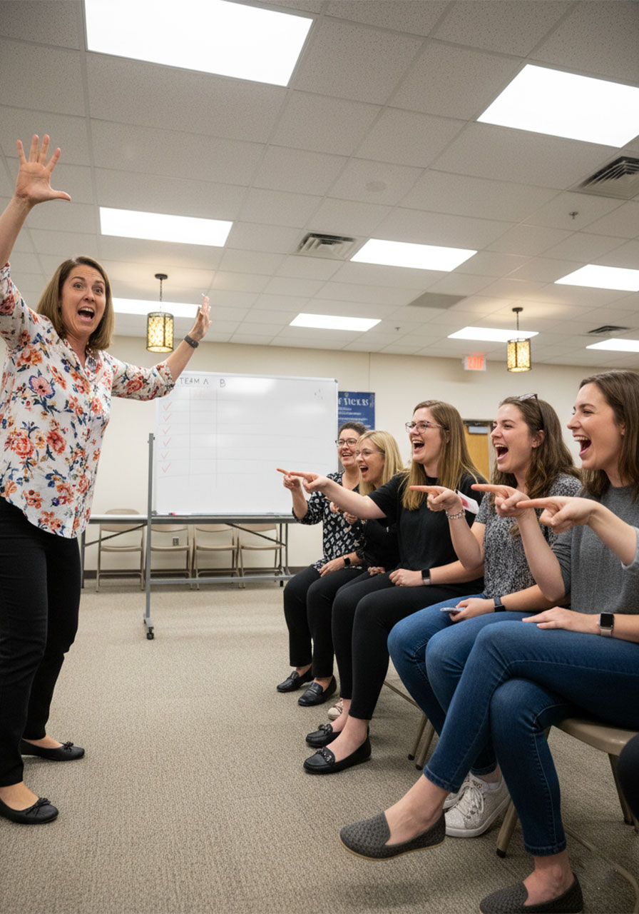 Women playing Bible Charades in teams at a church ladies night event