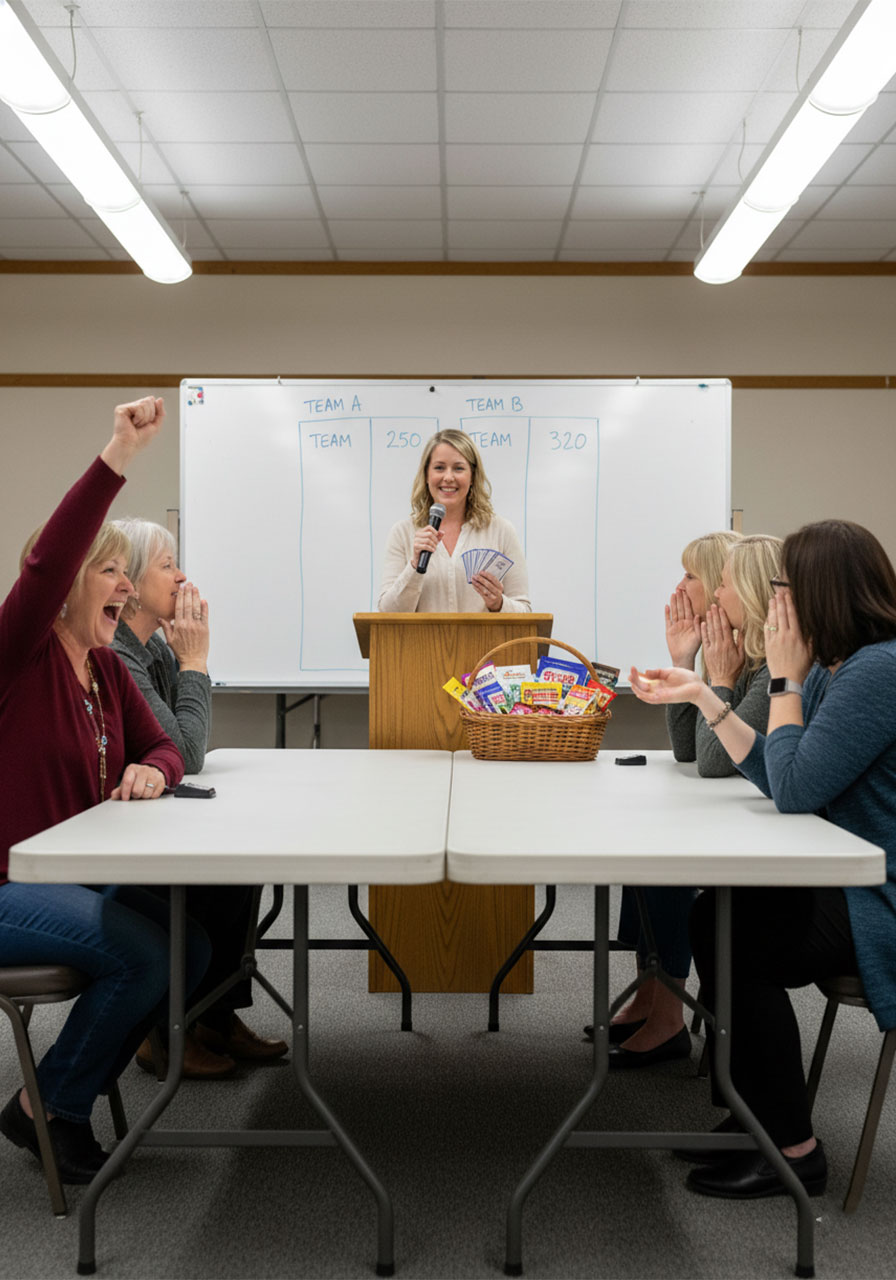 Women competing in Bible trivia teams at a church ladies night game event