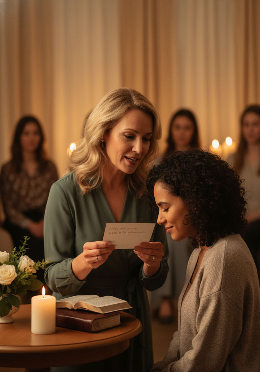 Woman speaking a personalized blessing declaration over another woman at a faith-filled gathering
