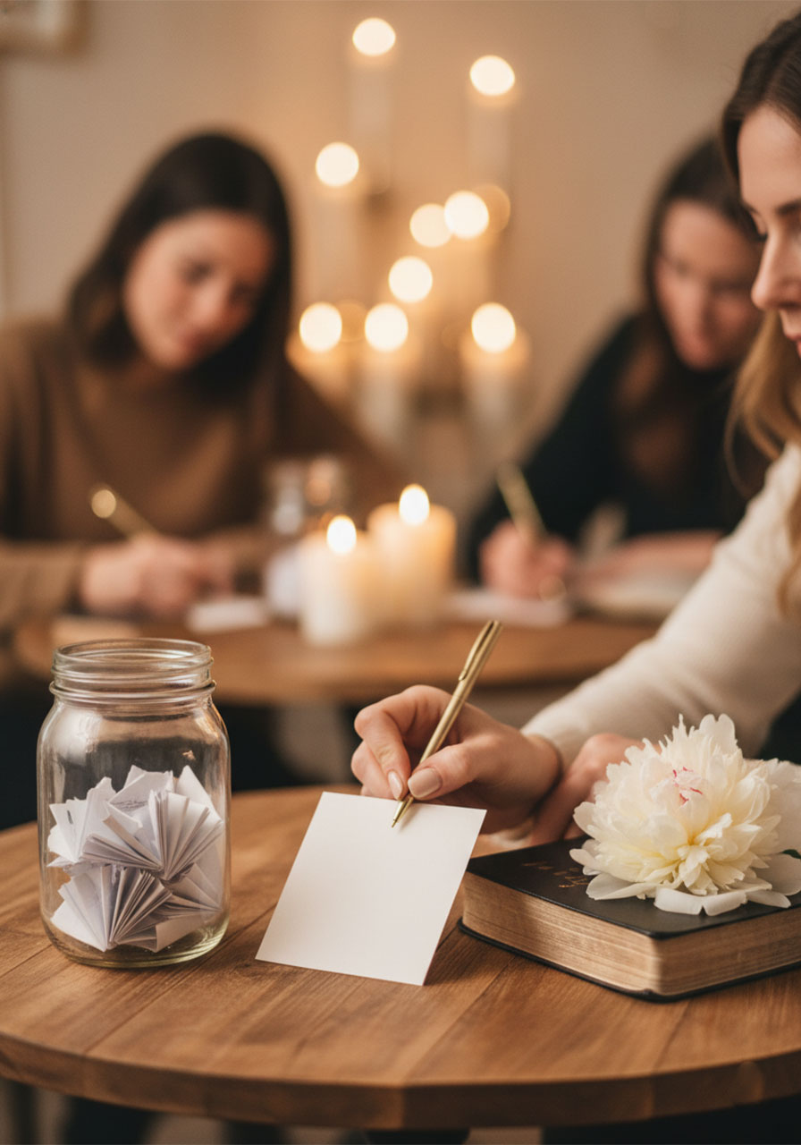 Woman writing a blessing note card to place in a mason jar blessing jar at a Christian women's party