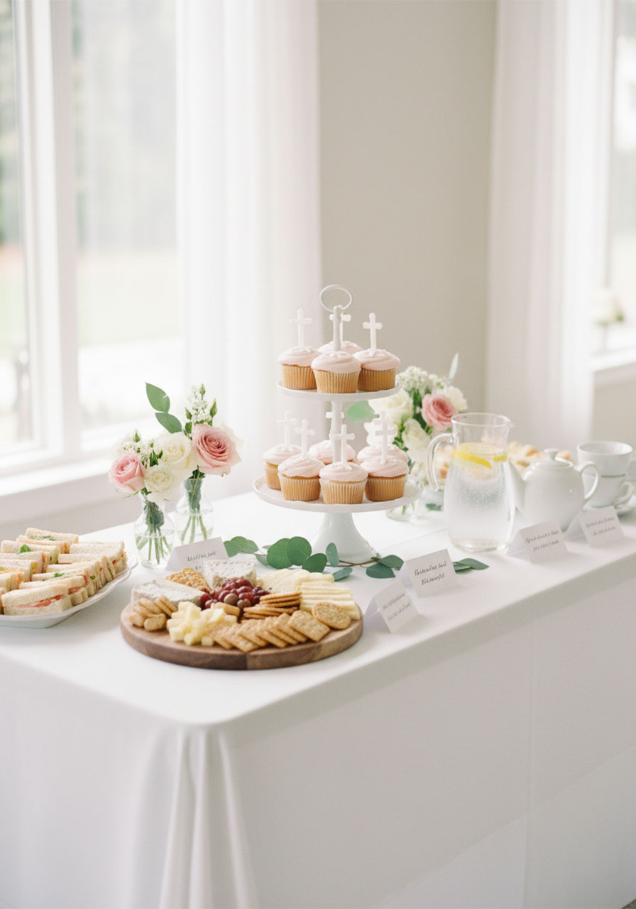 Elegant blessings party food table with finger sandwiches, cupcakes, fruit and herbal tea for women's fellowship