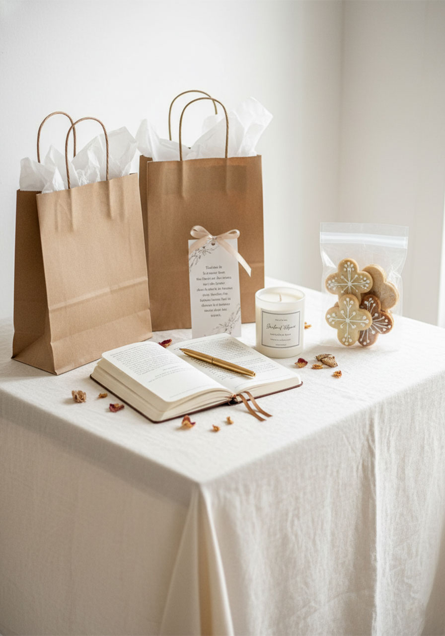 Styled display of blessings party take-home keepsake gifts including journals, scripture bookmarks and candles