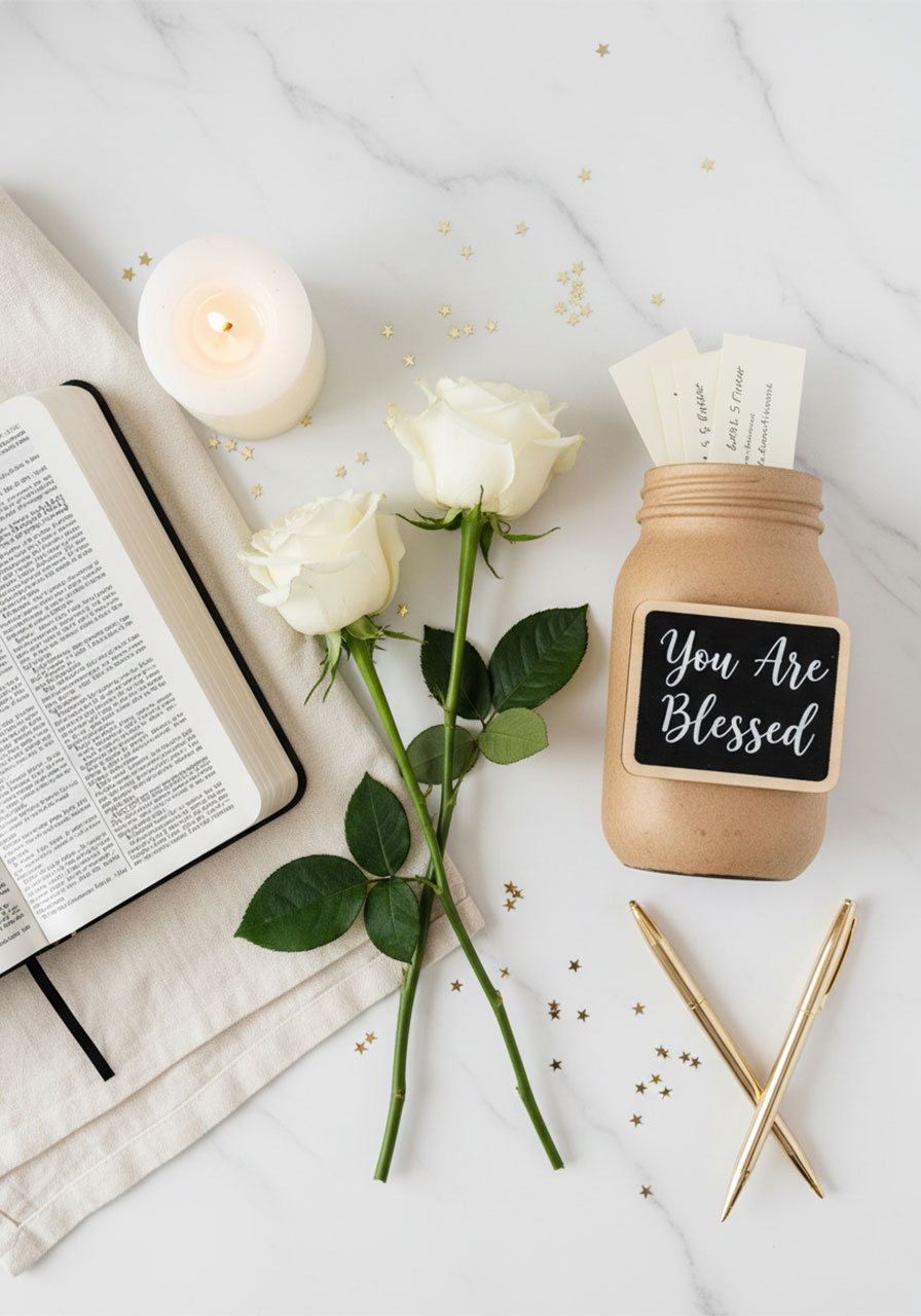 Overhead flat lay of blessings party table decor including Bible, candle, flowers, blessing jar and handwritten notes