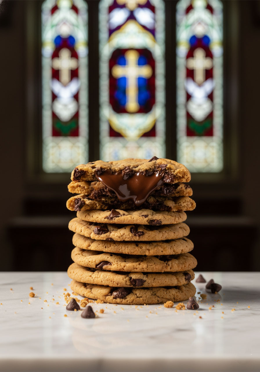 Stack of chewy vegan chocolate chip cookies broken open showing gooey melted chocolate center