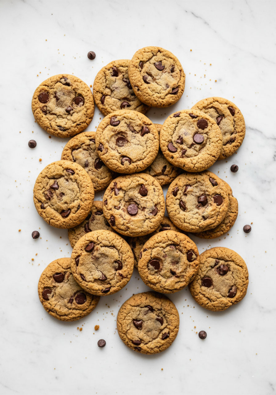 Overhead view of a pile of chewy golden vegan chocolate chip cookies scattered on a white surface