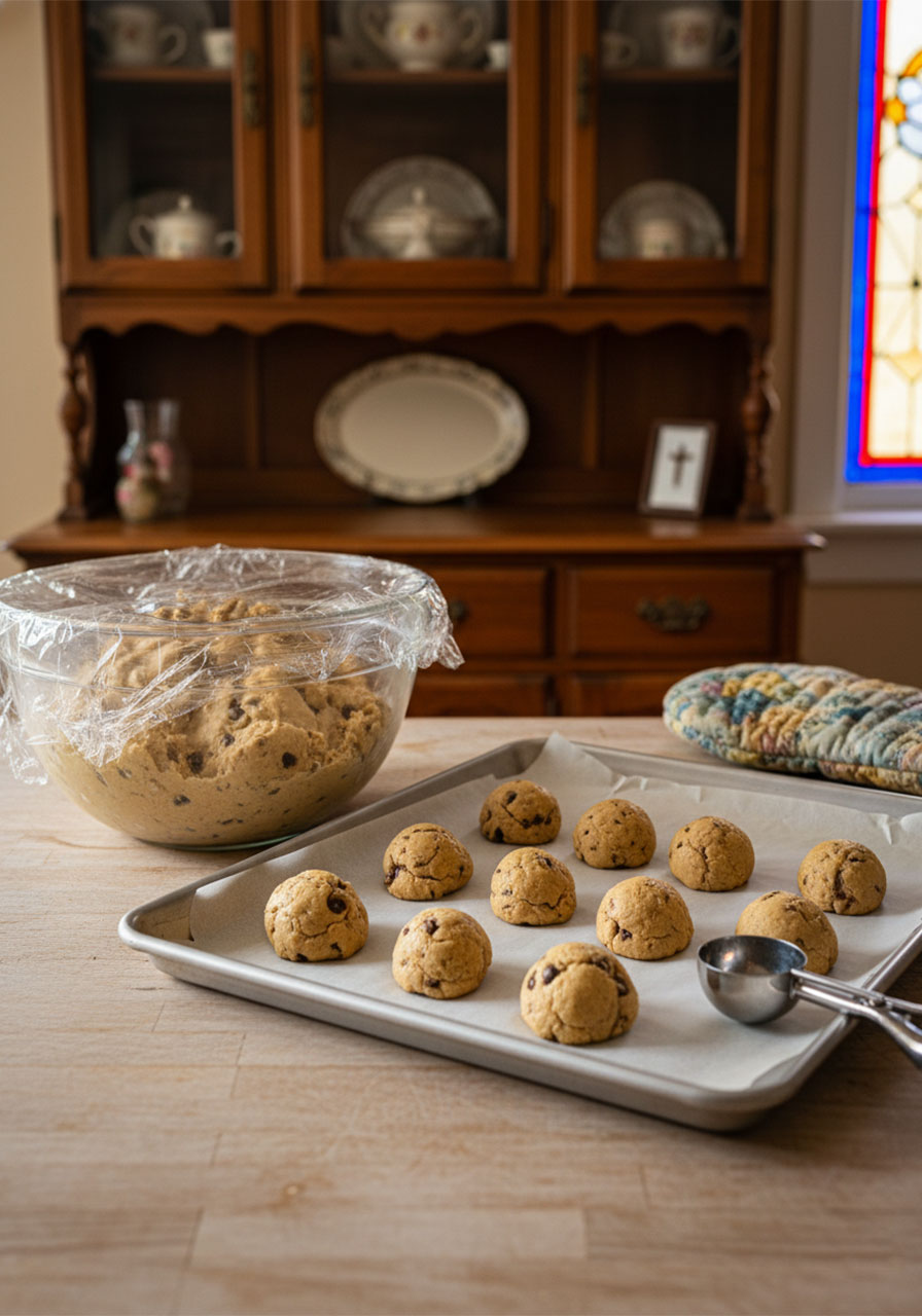 Chilled vegan chocolate chip cookie dough scooped into balls on a parchment-lined baking sheet ready to bake