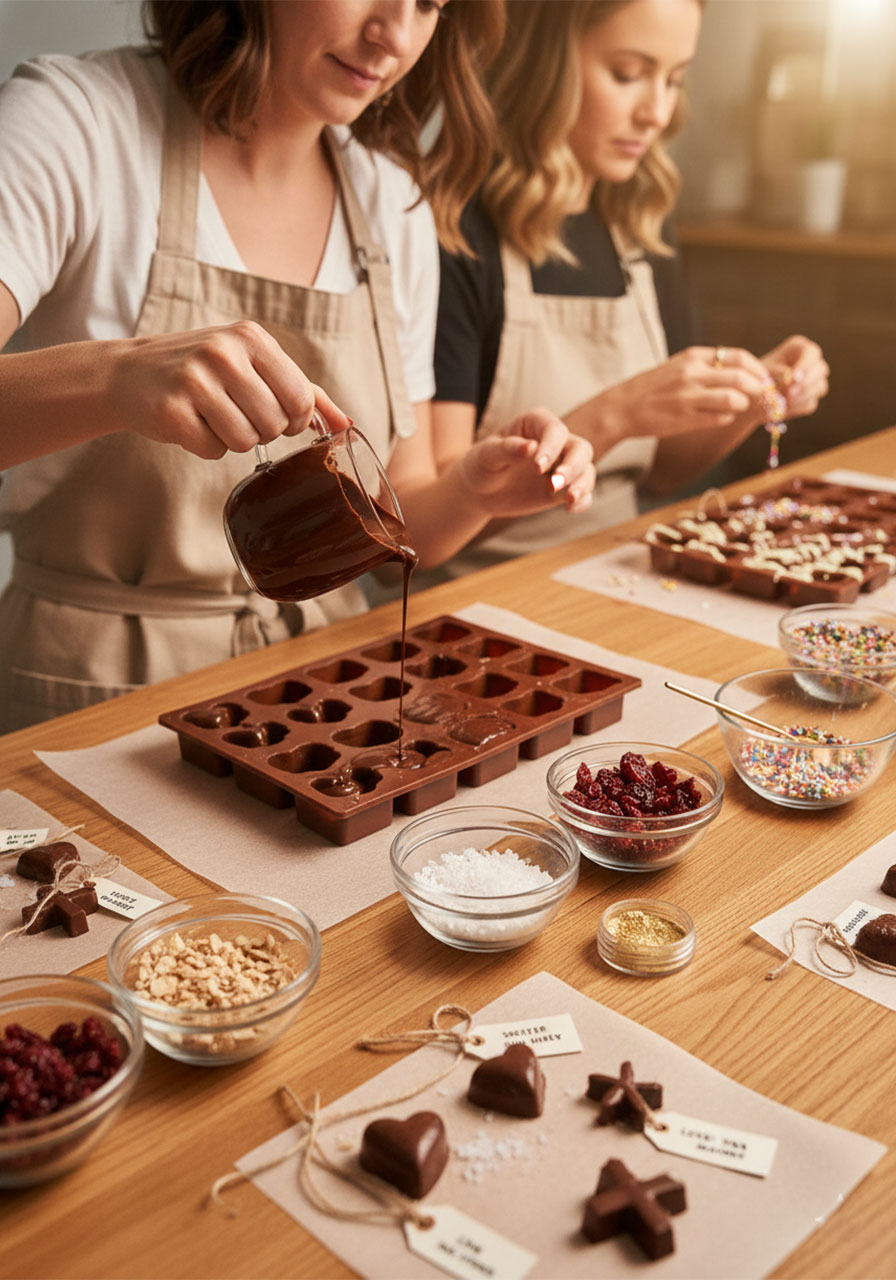 Women making homemade chocolates with Scripture tags at a church ladies ministry workshop