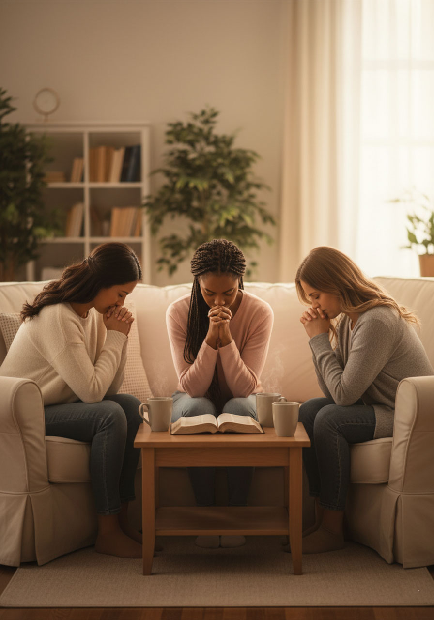 Three Christian women sitting in a circle with heads bowed in prayer during a women's Bible study group