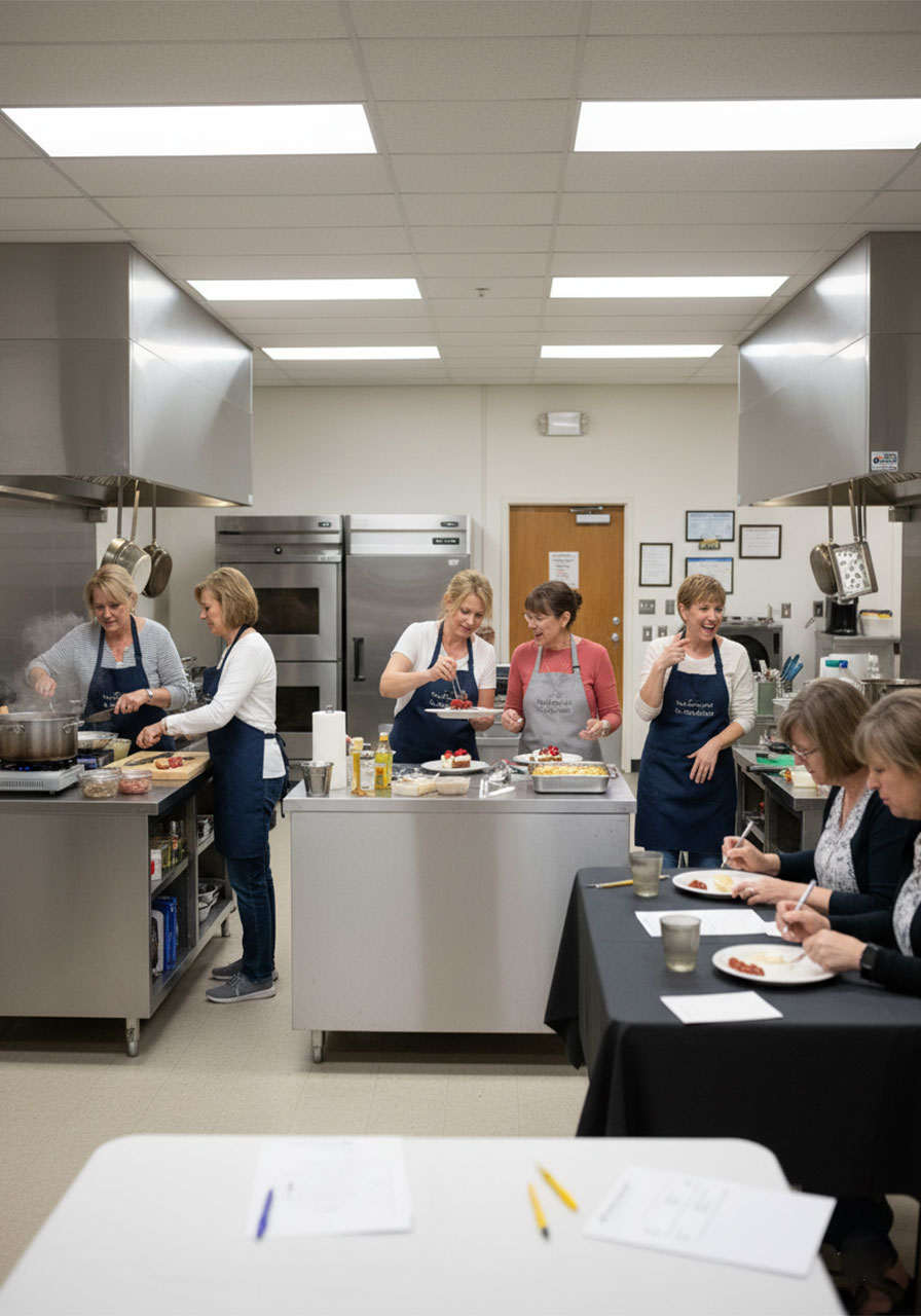 Women competing in a cook-off challenge at a church ladies night food and fellowship event