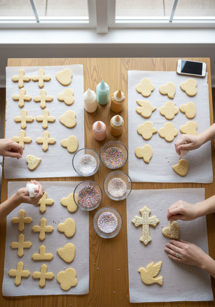 Women decorating Scripture-themed sugar cookies at a church ladies night cookie decorating contest