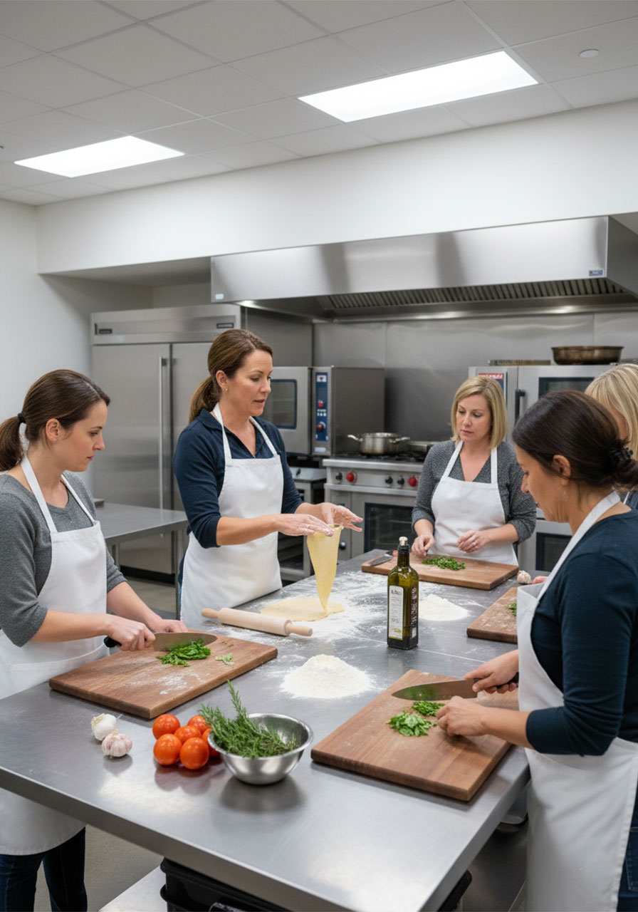 Women attending a hands-on cooking class at a church ladies ministry food and fellowship night