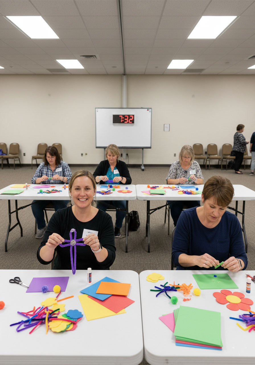 Women competing in a timed craft challenge at a church ladies night ministry event