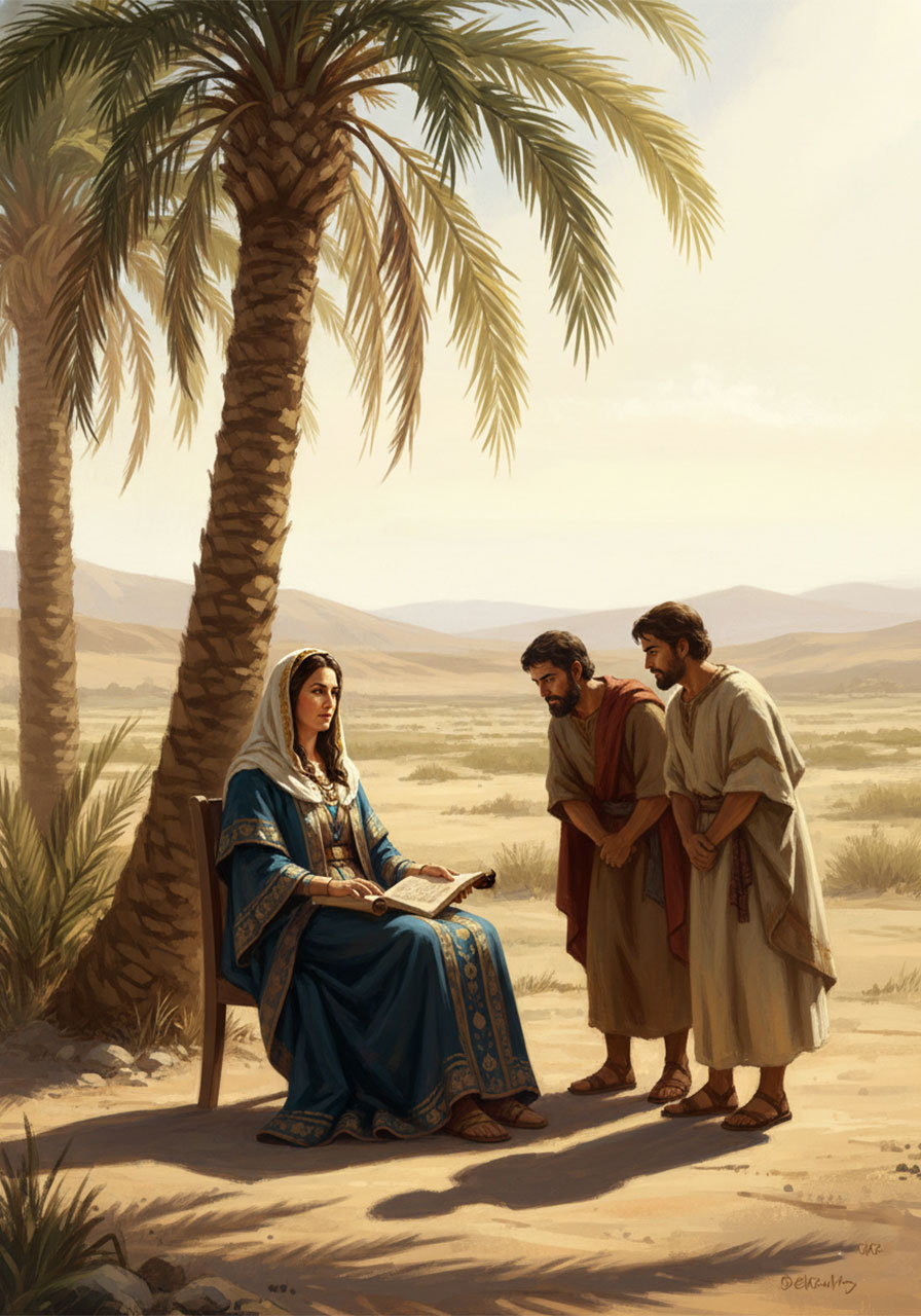 Deborah the prophetess and judge seated beneath a palm tree holding a scroll in a biblical historical illustration