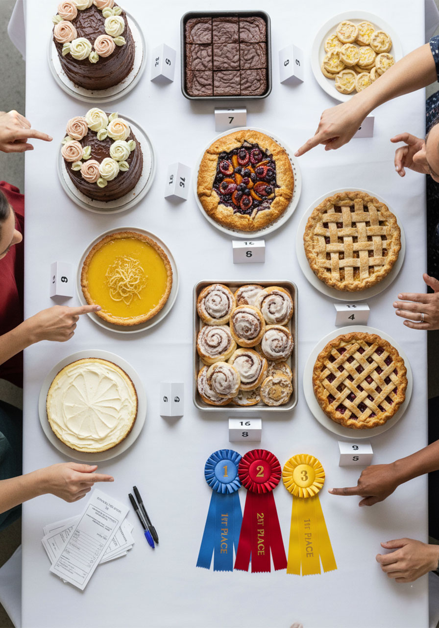 Women judging desserts at a church ladies night bake-off competition