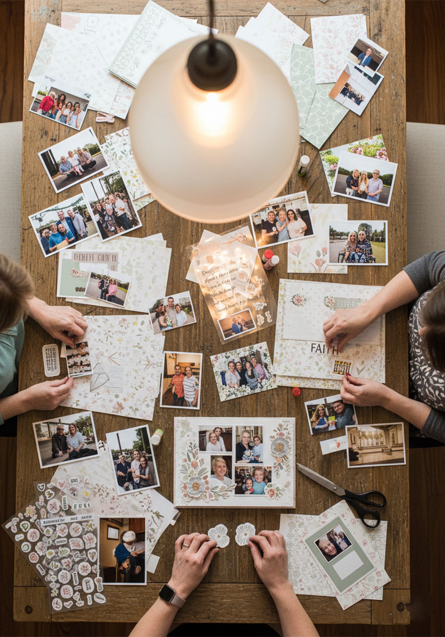 Women creating a scrapbook of faith together at a church ladies group craft night